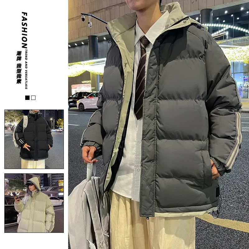 2023 Winter Warm Cotton Coat Men\'s Trend Hooded Cotton Coat Large Loose Thickened Bread Coats