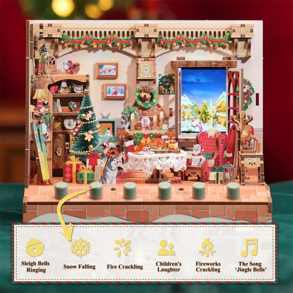 Tonecheer The Christmas Cottage Sound Machine Light Up Christmas Toys Christmas Home Decor Puzzle Wood Toys Decorations For Kids