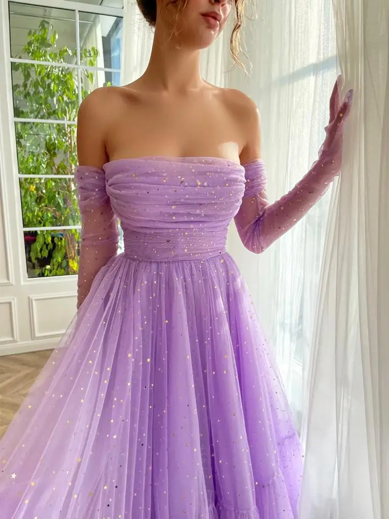 Tulle Strapless Prom Dresses Women Sleeveless A-Line with Pleats Tea-Length Evening Gowns Little Star Simple Lilac Party Dress