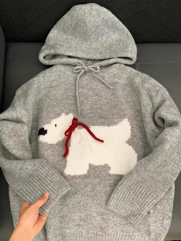 Pulôveres com capuz impressão de cachorro suéteres de malha outono inverno quente concurso solto casual slouchy projetado estilo coreano moda nova