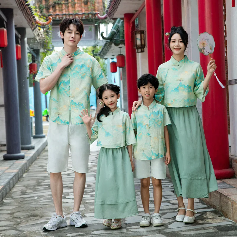 Chinese Style Parent-Child Set Summer Family Matching Outfit Hanfu Inspired Mother Daughter Clothes Oriental Traditional Costume