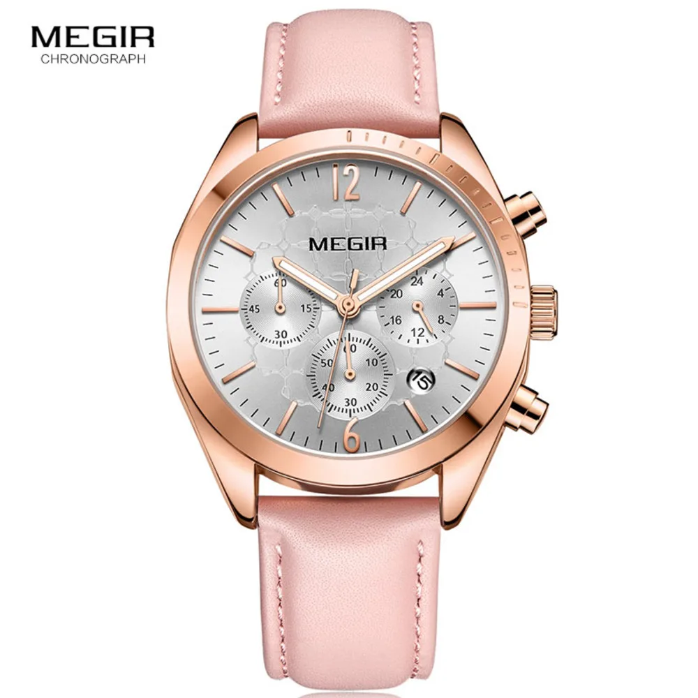 Megir Women\'s Dress Watches Leather Chronograph Quartz Wrist Watch Woman Lady Relogios Clock Top Brand 3Bar 2115 Pink