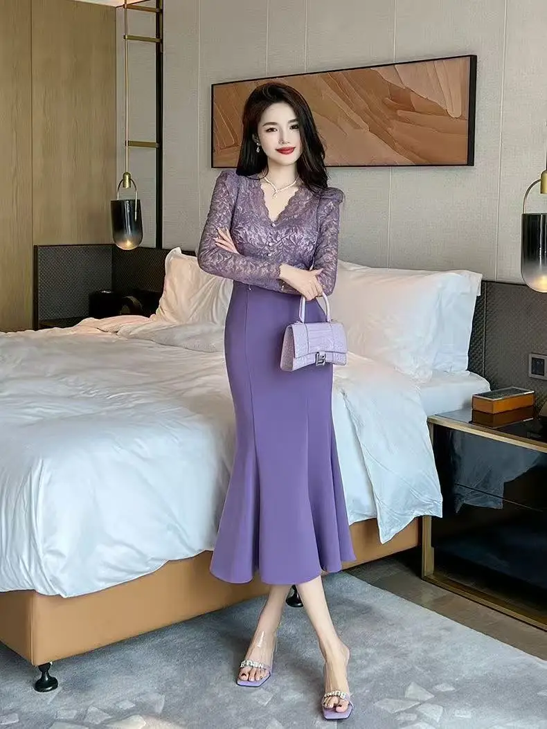 Celebrity Fake 2 Piece Dress Women Elegant Purple Sheer Lace Splice Fishtail Robe Femme Korean Party Office Lady Vestidos Autumn