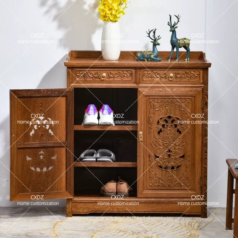 Solid Wood Shoe Cabinet for Entryway Antique Chinese Style Storage Rack Foyer Side Cabinet Organizer