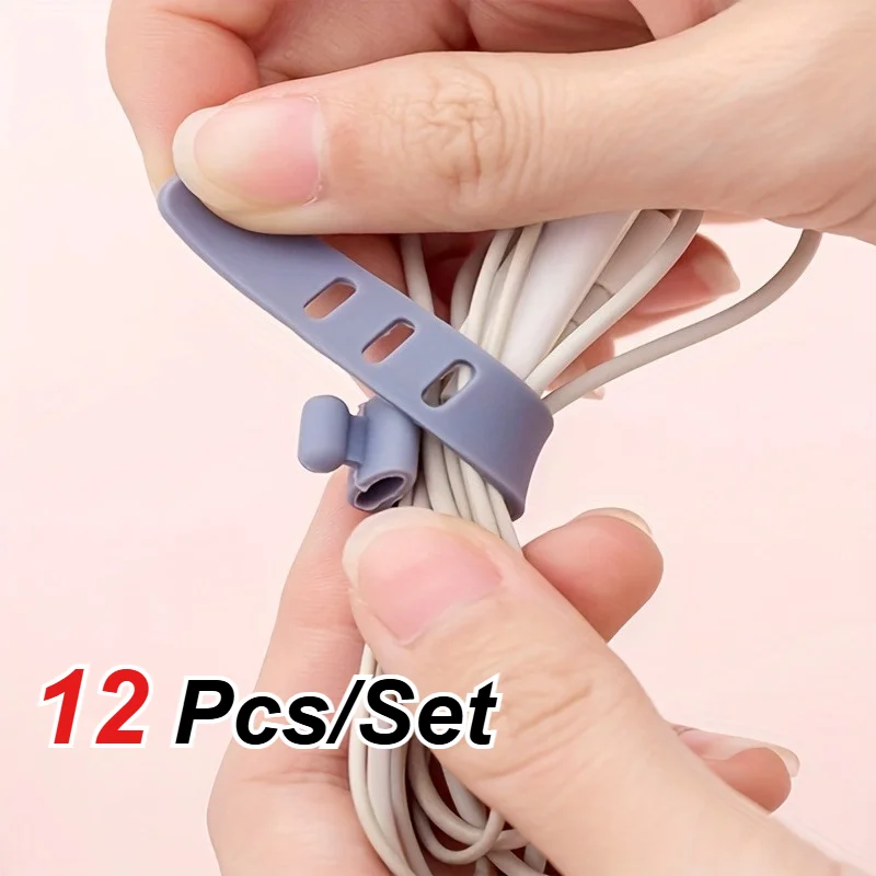 12 Pcs/Set Silicone Cable Ties – Reusable Cord Organizer for Headphones, USB Cables And Chargers | Stretchy Anti-Slip