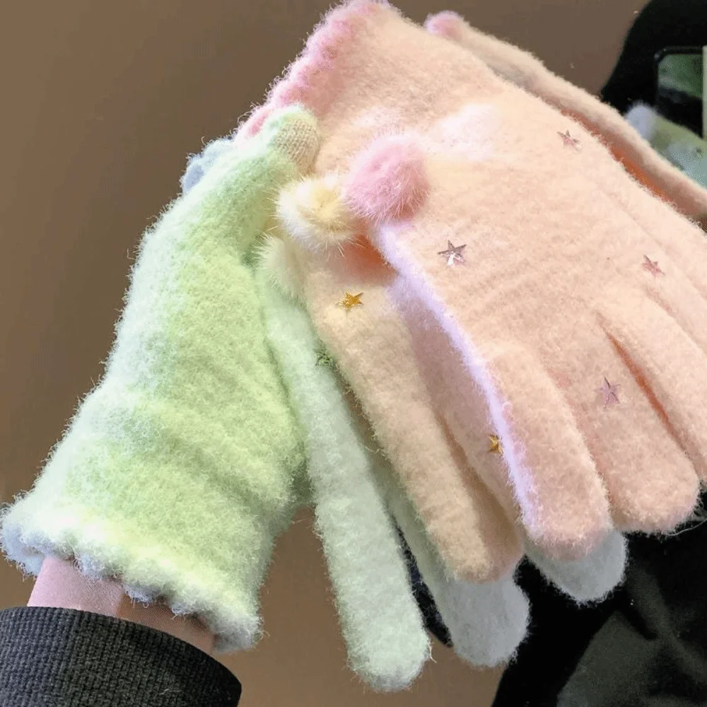 Korean Style Warm Knitted Gloves Cold Protection Candy Color Full Fingers Mittens Soft Touch-screen Girls Winter Gloves Skiing