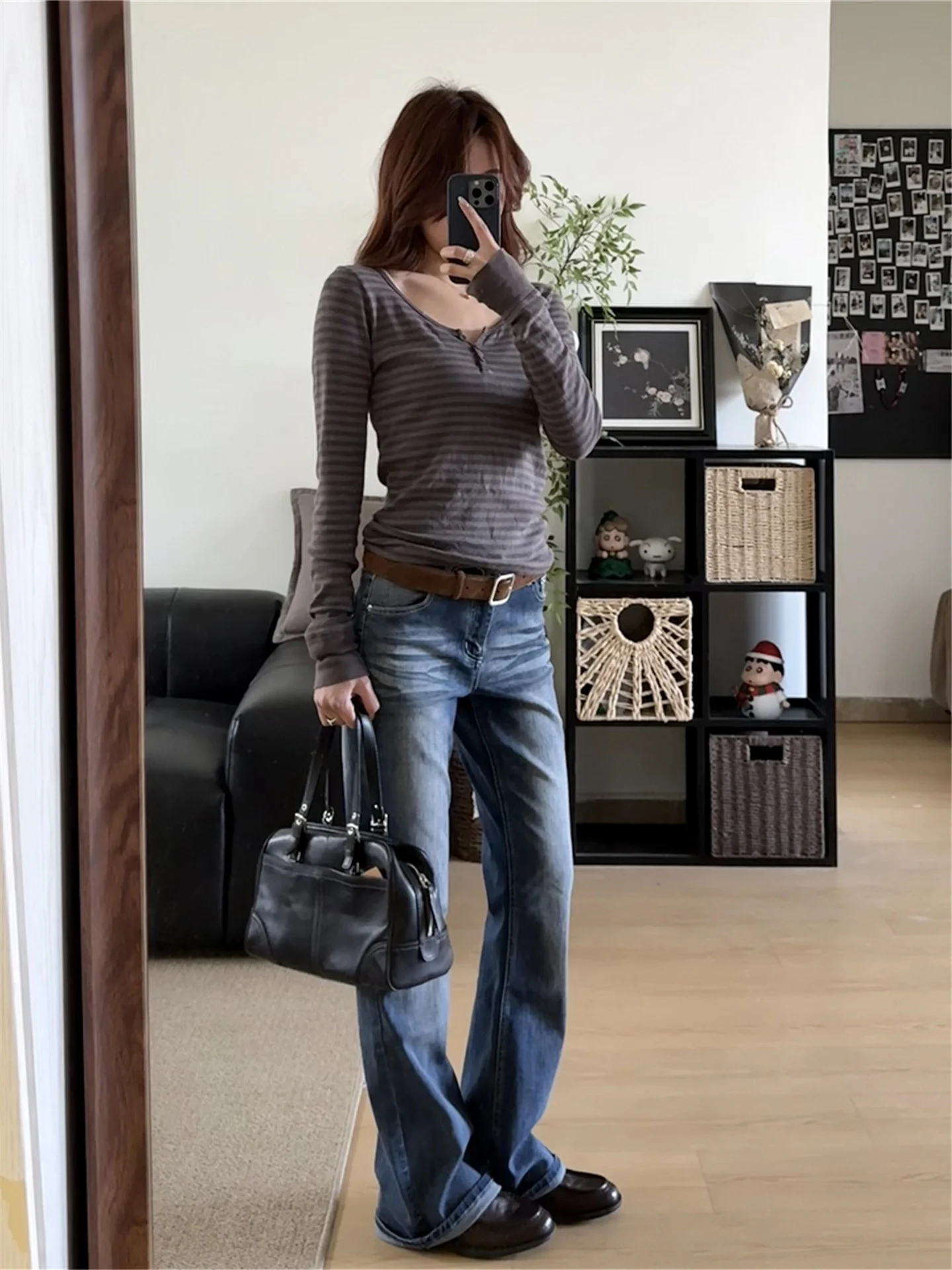 

American Vintage High Waist Bell Bottom Jeans Women's Spring Slimming Long Narrow Extended Straight Leg Cotton Denim
