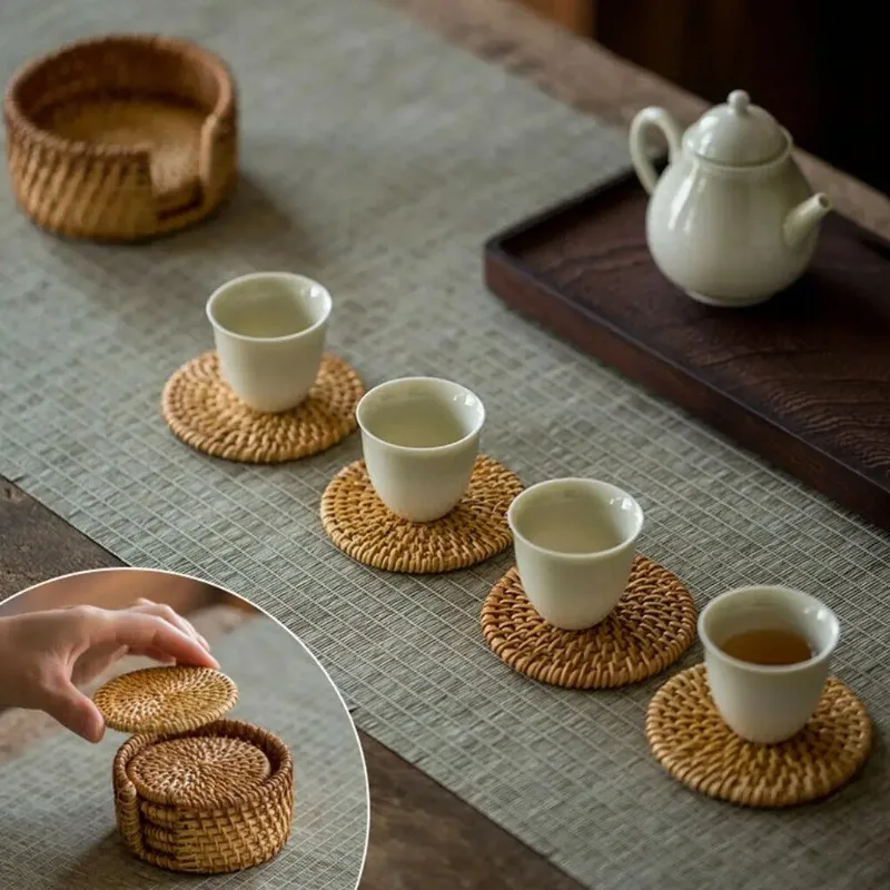 1/4pcs Woven Rattan Coasters Set - Non-Woven Placemats for Dining Table, Heat-Resistant Drink Coasters for Home & Restaurant