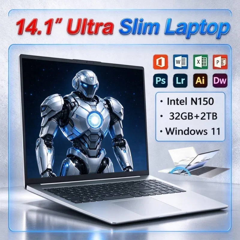 14.1 Inch Ultra Thin Laptop Windows 11 Intel N150 32GB RAM 2TB SSD Full Function Notebook For Office Work Study And Light Game