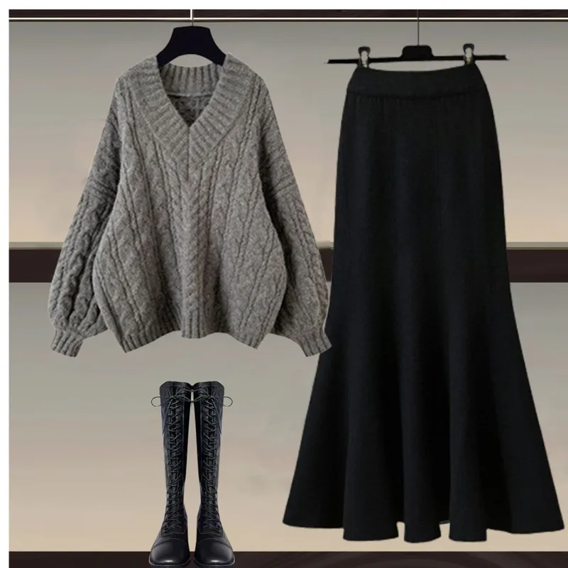 Fall Winter Warm Thicken Knitted Two Pieces Sets For Women Clothing French Vintage Twist Pullover Sweater+mermaid Long Skirt Set