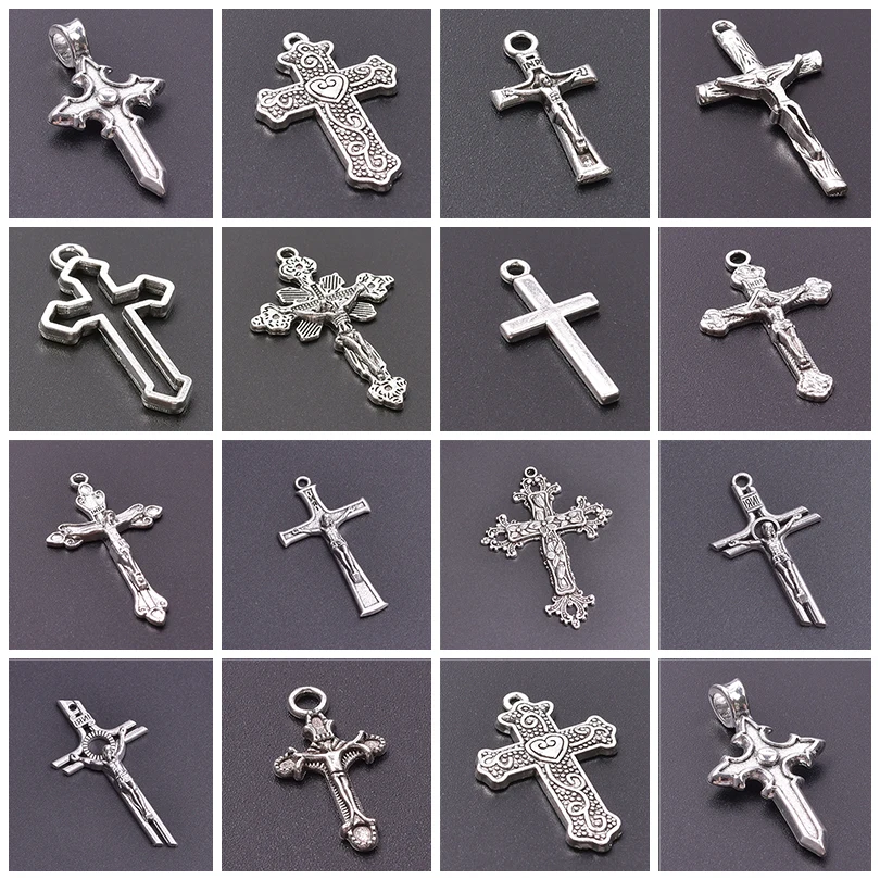 15PCS Mix Vintage Silver Color Crosses Alloy Pendant Charms For Jewelry Making Christ DIY Handmade Necklace Earring Accessories