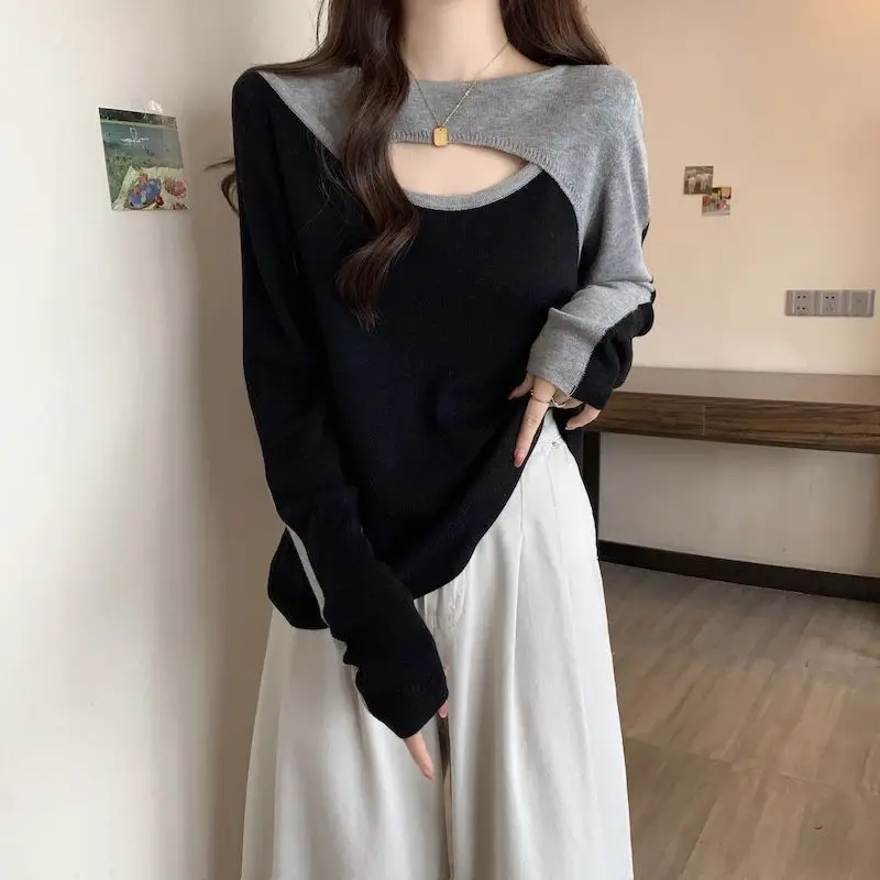 Hollow Out Damska wiosna i jesień 2024 Koreańska wersja New Spliced Slim Niche Design Sense Shoulder Long Sleeved T-shirt Tops