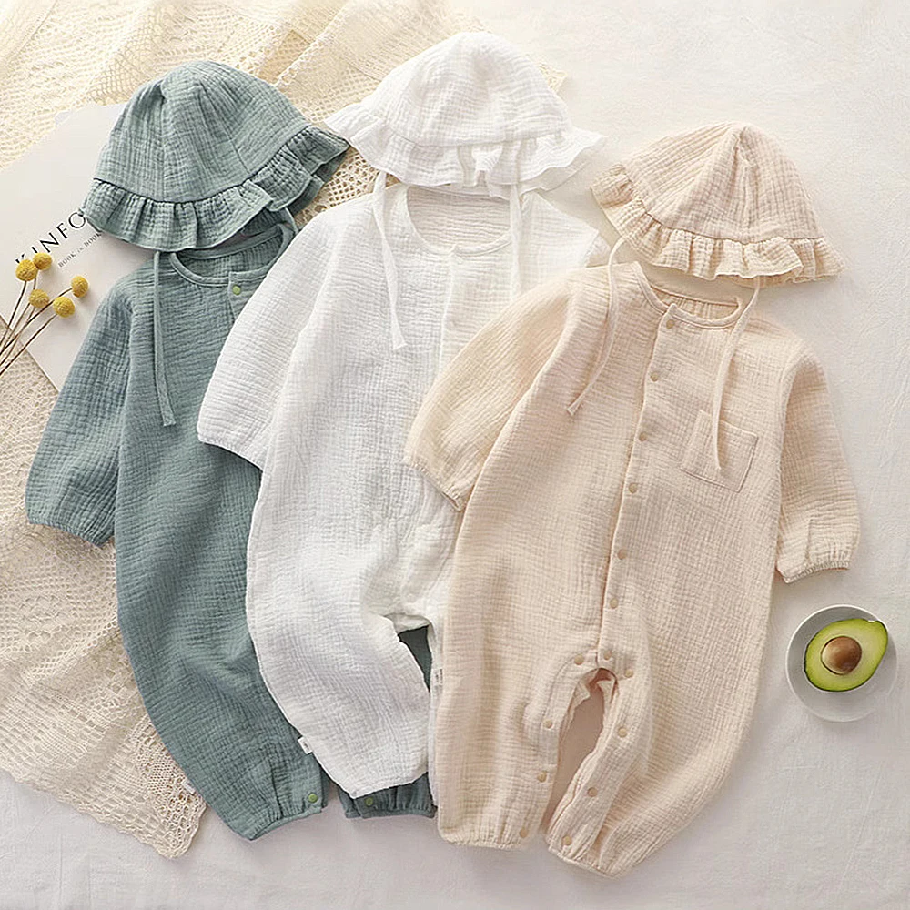 

0-2Y Toddler Clothing 2PCS Hat+Jumpsuit Newborn Romper Spring Summer Long Sleeve Solid Infant Clothes Pajamas Daily Overal Unise
