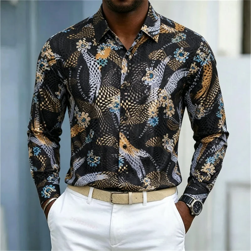 Men's Shirt Long Sleeve Spring Autumn Abstract Bird Floral Glitter Texture Print Lapel Button‑Up Street Business Top Men Clothes