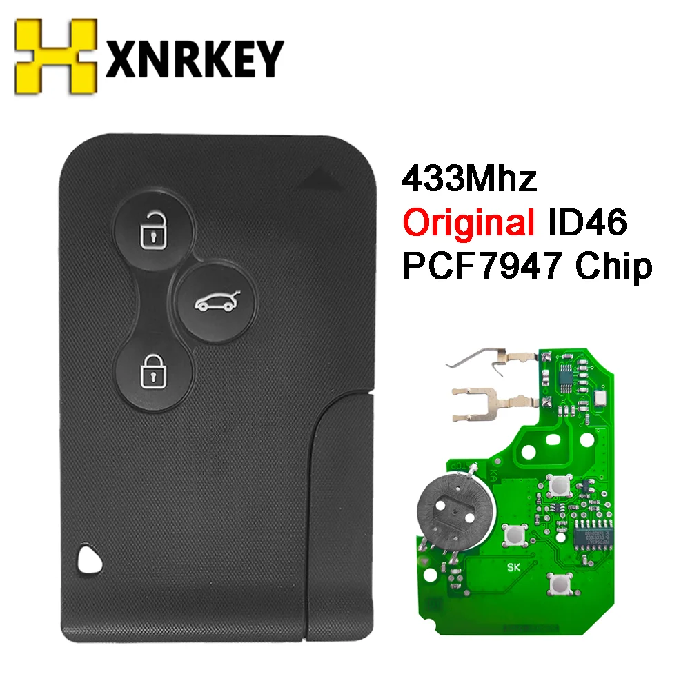 Xnrkey original id46 pcf7947 chip para renault megane 3 scenic 2003-2008 remoto chave 3 botões 433mhz cartão inteligente inserção de emergência