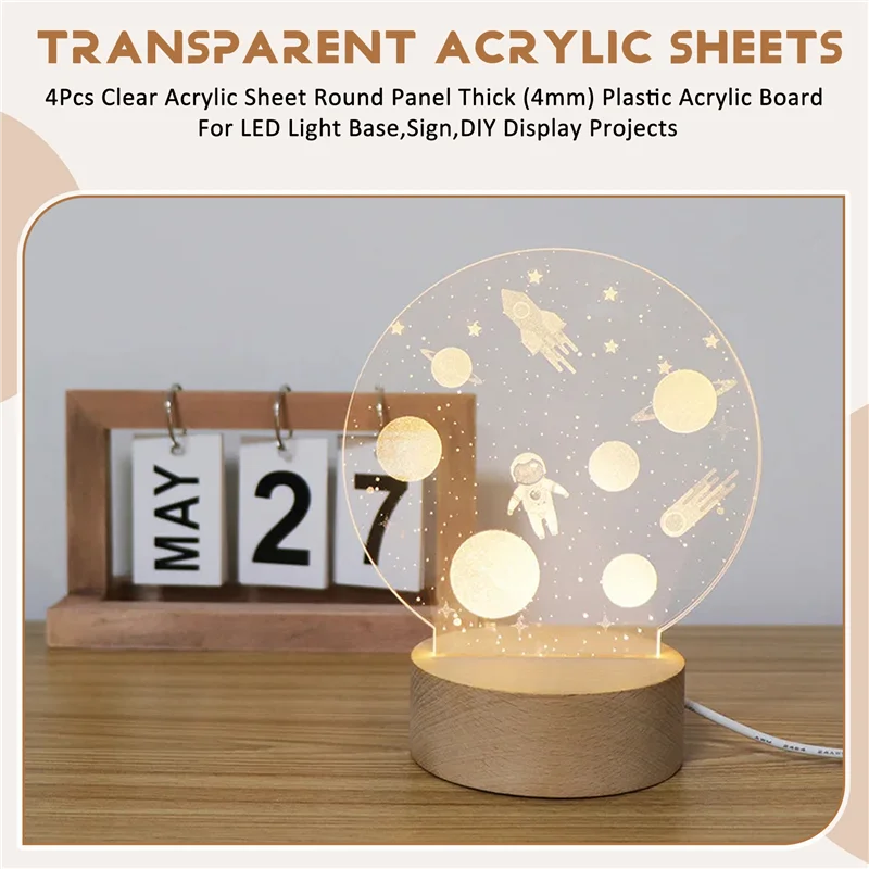 ABWR-4Pcs Clear Acrylic Sheet Round Panel Thick (4Mm) Plastic Acrylic Board For LED Light Base,Sign,DIY Display Projects