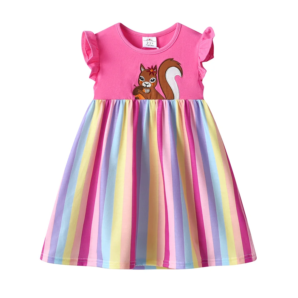 Girls Squirrel Embroidery Dress Kids Ruffle Sleeve Pink Cotton Casual Straight Dress Girl Rainbow Striped Cute Daily Wear Outfit