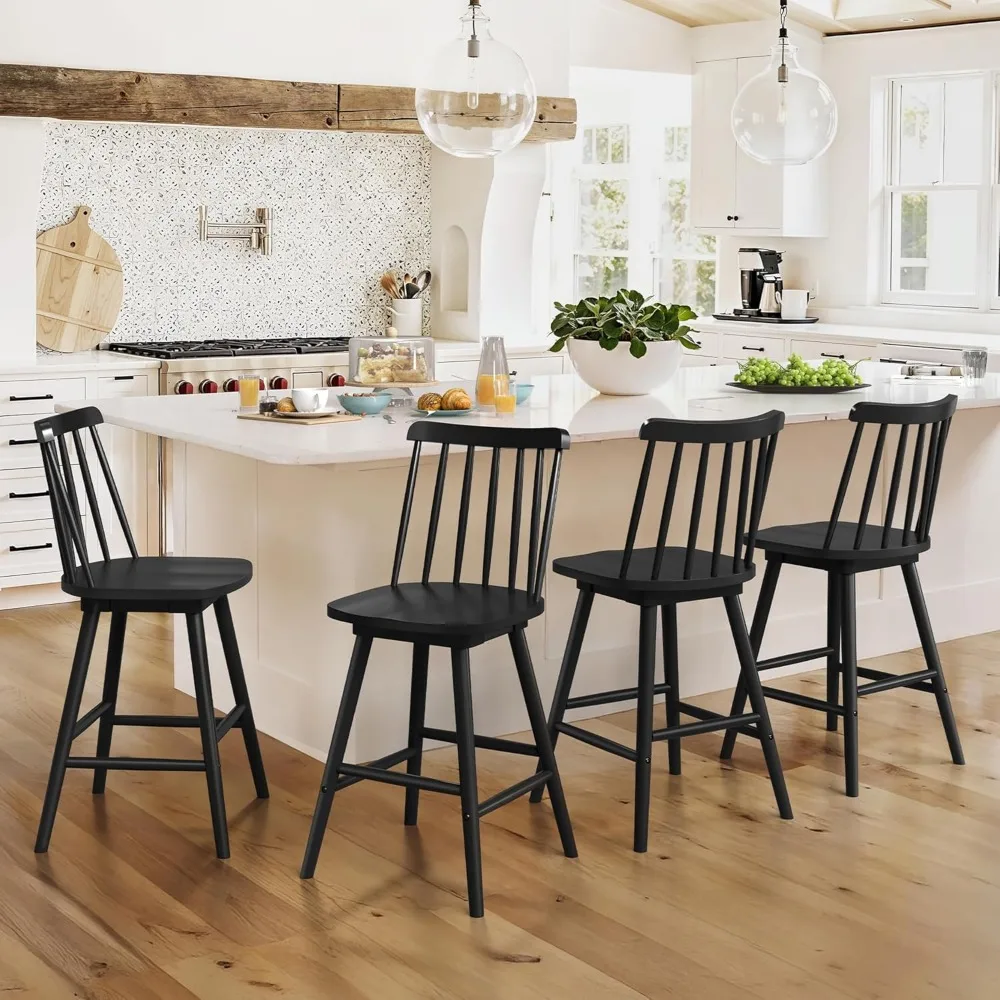 

Black Windsor Spindle Back Bar Stools Set of 3: 360° Swivel Counter Height 24" Farmhouse Stools for Kitchen & Pub