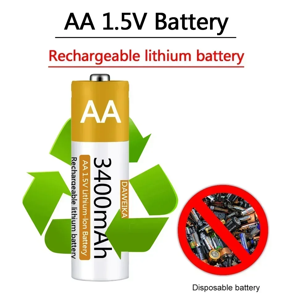 AA Battery 1.5V Li-ion AA Rechargeable Battery 3400mAh AA Lithium-ion Battery for remote control mouse small fan Electric toy