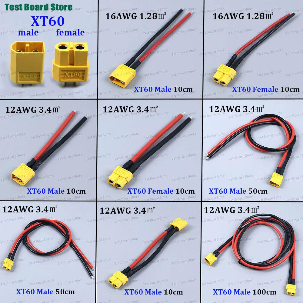 

XT60 Male Female Connector Plug with 10/50/100cm 12AWG 16AWG Silicone Wire Cable For RC Airplane Lipo Battery ESC FPV Drone Car
