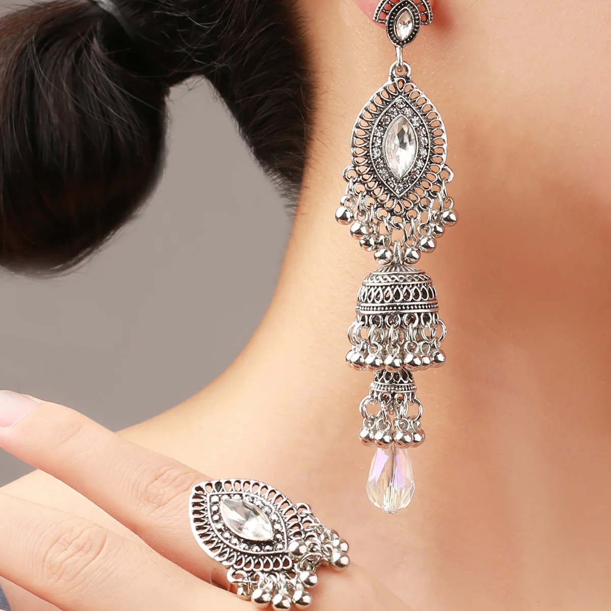 Ethnic Luxury Silver Color Long Dangle Earring Set White Crystal Water Drop Jewelry Set for Women Vintage Indian Brincos Jewelry