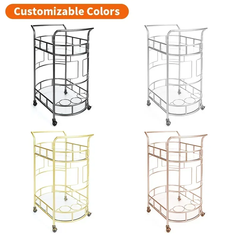 Round Gold Rolling Bar Cart Wine Rack and Lockable Casters 2 Mirrored Shelves Serving Cart for Kitchen Club and Living Room