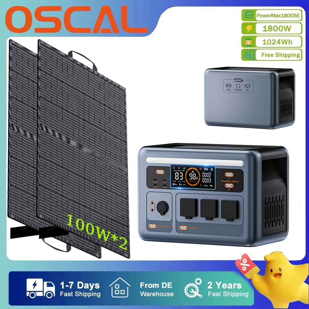Station d'alimentation portable OSCAL 1024Wh 1800W PowerMax1800SE avec batterie LiFePO4 + 2 panneaux solaires 100W avec crête de puissance de 3600W pour l'alimentation énergétique