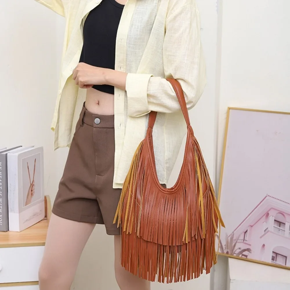 

New PU Leather Long Tassels Handbag Cross Body Design Hobo Style Hobo Bag Shoulder Bag Outdoor Activities