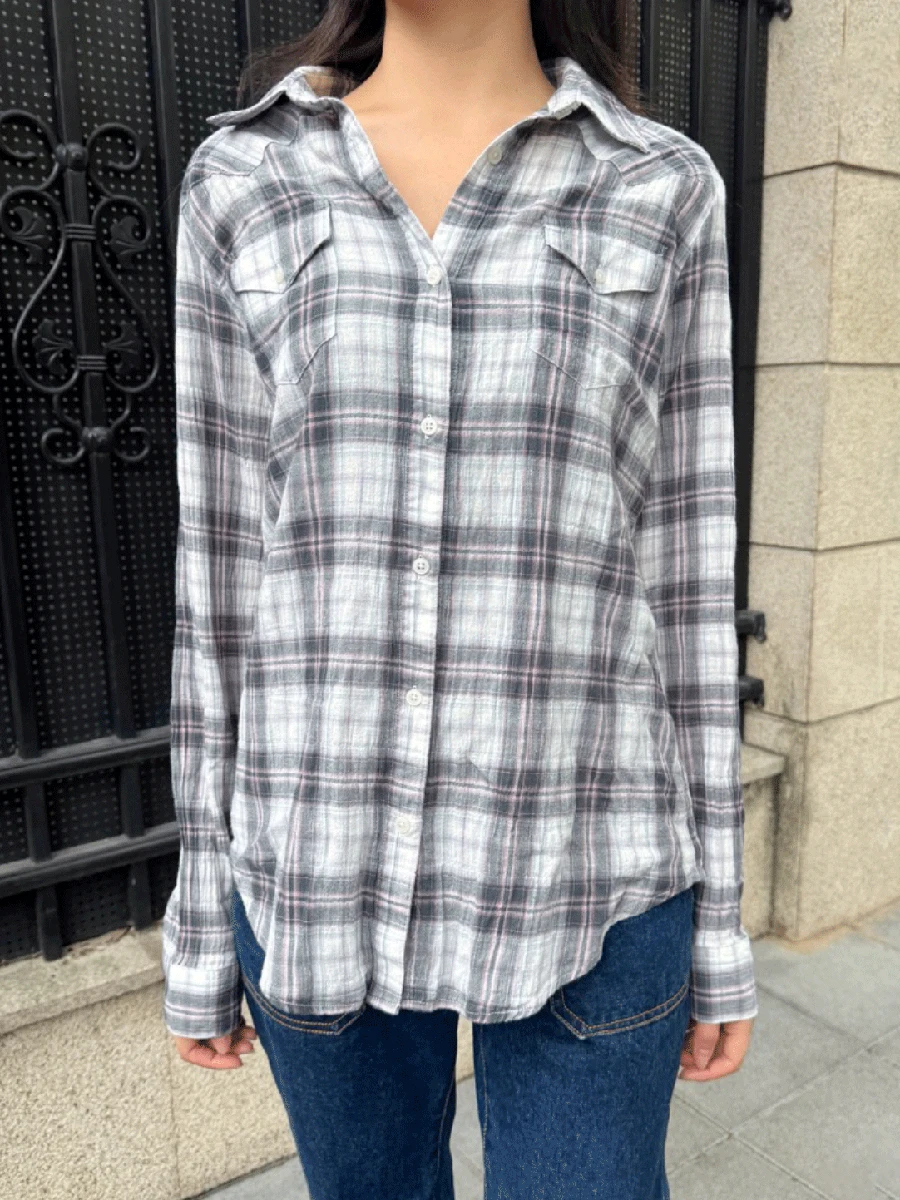 

Pocket Grey Plaid Long Sleeve Shirts Women Spring Lapel Cotton Single Breasted Blouse Female Preppy Style Casual Sweet Shirts