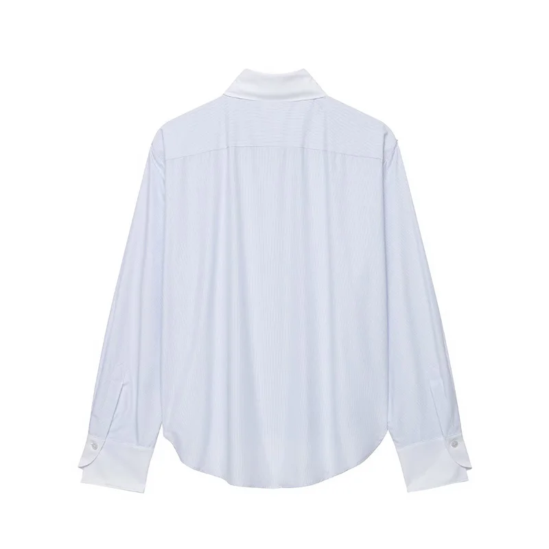 Women's Shirt 2026 Summer New Blue Striped Long-Sleeve Shirt with Knot Button Decoration Casual Fashion Versatile for Work