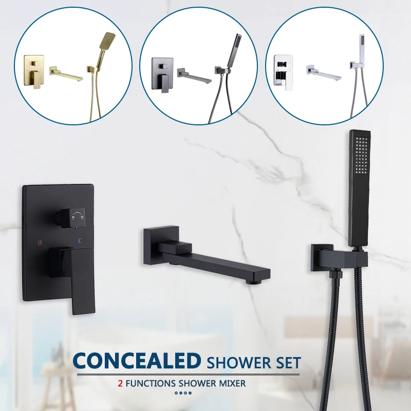 

Metal Grey Hand Shower Set Brass Bath Spout Brass Bracket/Valve Mixer Big Plate with Box Stainless Steel Arm Black Chrome Gold