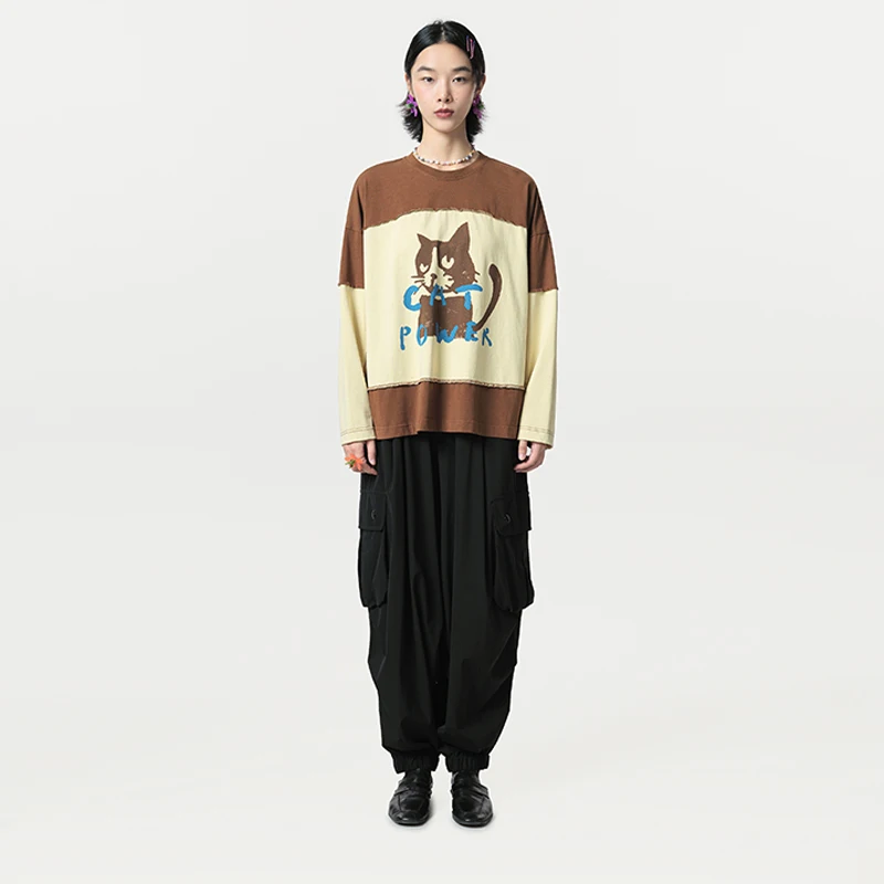 MOVEUP Round Neck Long Sleeved T-Shirt 2026 Spring New Pure Cotton Cat Letter Printed Contrast Splicing Women's Top 324110510
