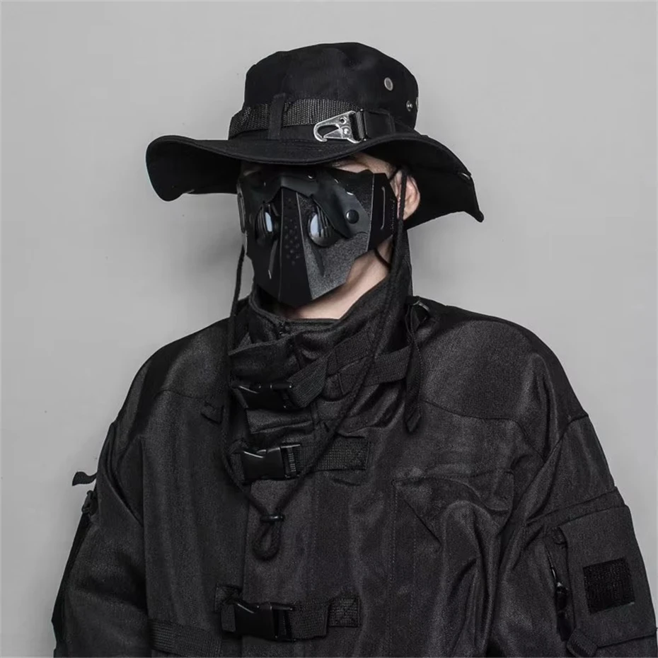 2025 Tactical Techwear Style Ribbon Metal Buckle Drawstring Bucket Hat Men Outdoor Fishing Climbing Hip Hop Punk Hat