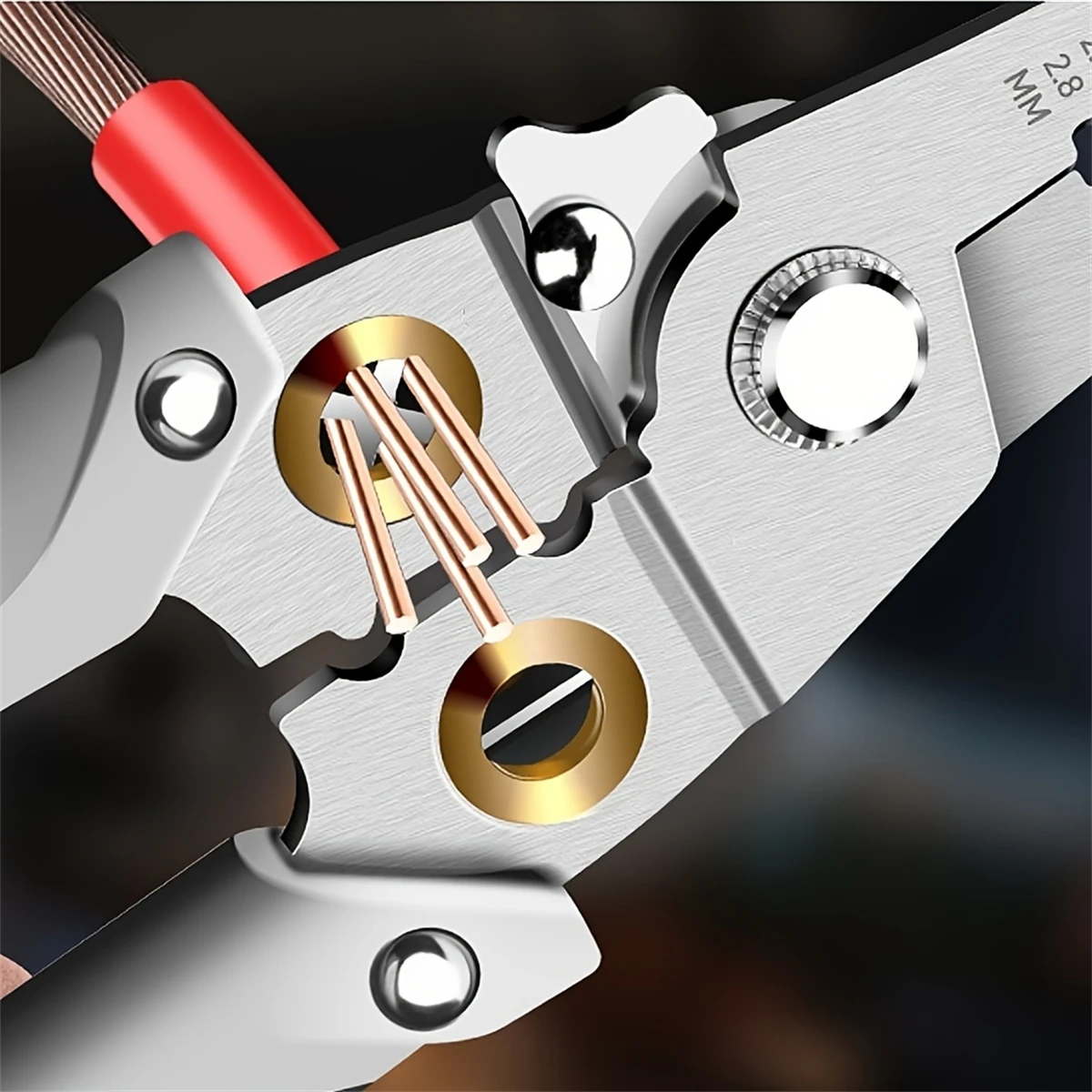 Heavy-duty stainless steel pliers and wire strippers for cutting, stripping, crimping, clamping, twisting, and removing nails