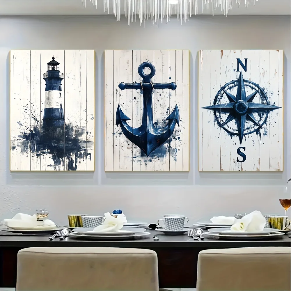 （NoFrame 3PCS）-3pcs/set Frameless Vibrant Nautical Canvas Poster, Modern Lighthouse Anchor Compass with Vivid Colors Canvas P