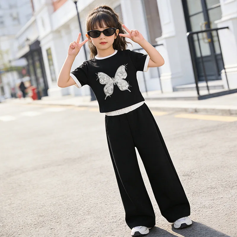 2026 Autumn Girls Children Set Short Sleeve Teenager Bow Butterfly Crop Top T Shirt  + Wide Leg Long Pants 4 To 10 12 14 Years