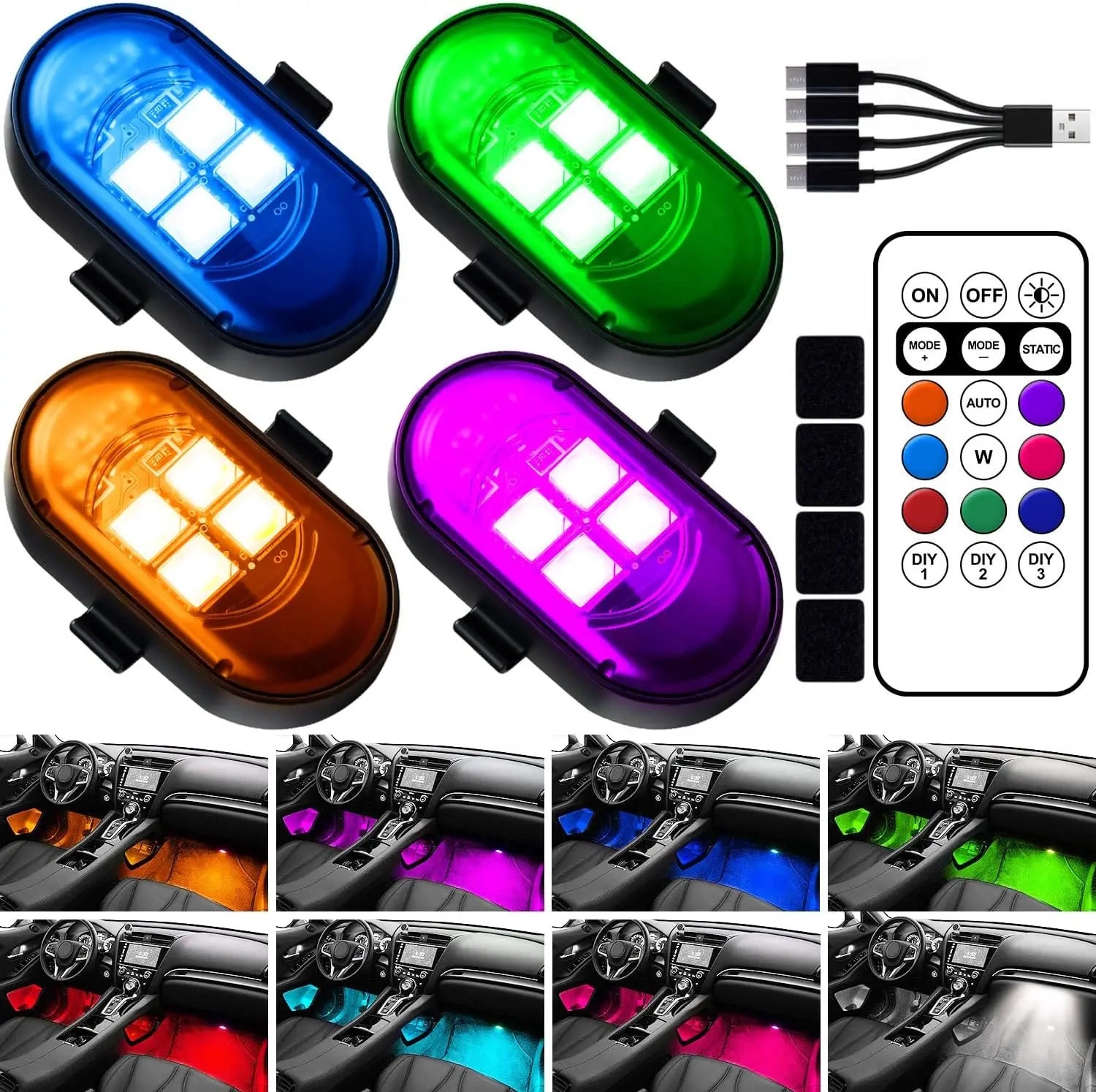 

Upgraded Wireless LED Car Lights, 8 Colors, Rechargeable, 12H Battery, Remote Control