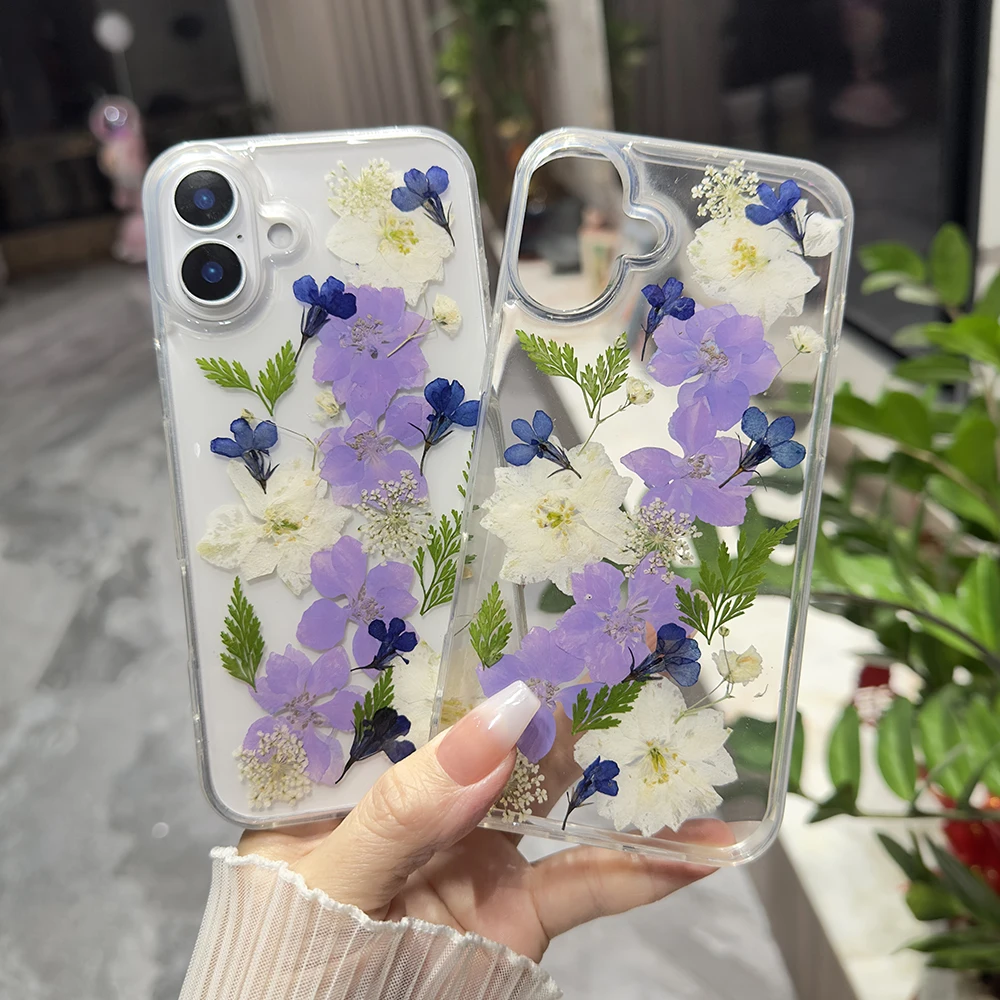 Luxury True dried flowers Phone Case For iPhone 16 15 14 13 12 11 Pro X XS XR Max 7 8 plus 6 6s Shockproof Soft Silicone Cover