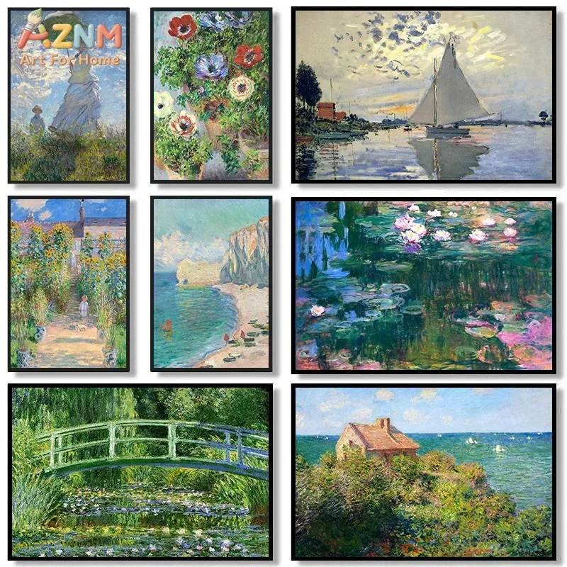 AZNM Claude Monet Vintage Impressionist Unframed Canvas Wall Art Print Famous Water Lilies Landscape Oil Painting Reproduction P