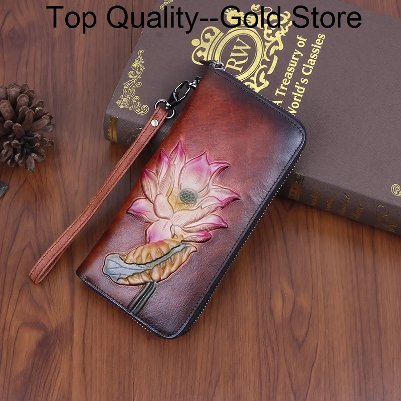 

Genuine Leather Women Wallet Handy Clutch Bag Embossing Ladies Retro Card Clips Female Lotus Flower Wrist Bags Long Purse