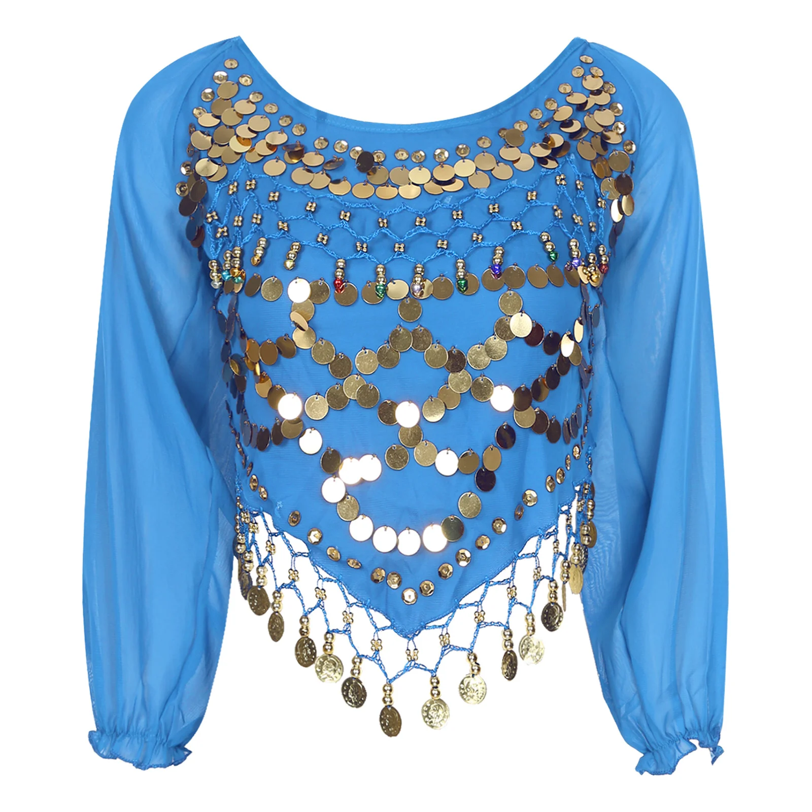 Womens Belly Dance Chiffon Tops Lace-up Back Long Sleeve Irregular Hem Crop Top Carnival Stage Performance Costume