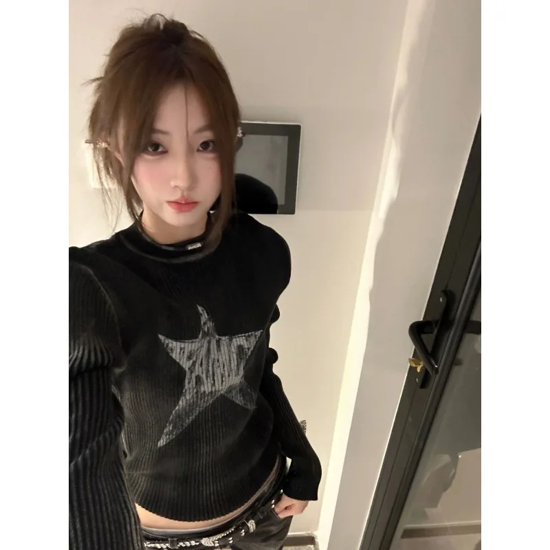 HOUZHOU Gothic Black Star Sweater Women Grunge Autumn Y2k Vintage O-neck Knitted Pullover Goth Short Jumper Kpop Korean Fashion