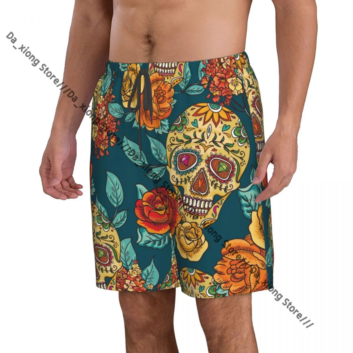 Men's Beach Short Swim Shorts Diamond And Flowers Skull Print Surfing Sport Board Shorts Swimwear