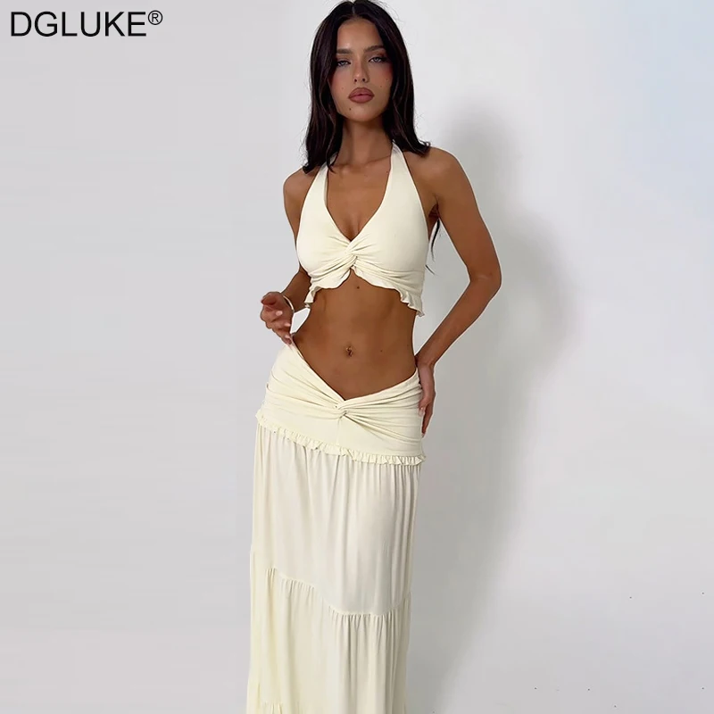 DGLUKE, moda de verano, trajes para mujer, Top corto y falda larga, conjunto de 2 piezas, traje de vacaciones en la playa para mujer, novedad de 2025, conjuntos a juego