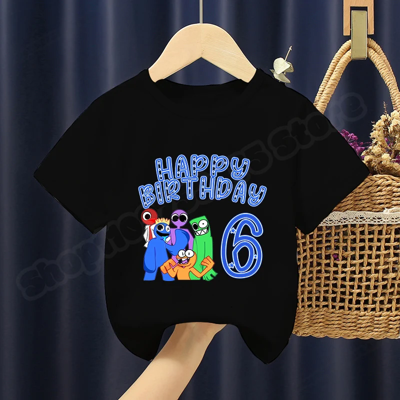 Rainbow Friends Kids Birthday Number T-shirt Children Cartoon Cute Tops Boys Girls Anime Printed Clothing Summer Kawaii Tee Gift