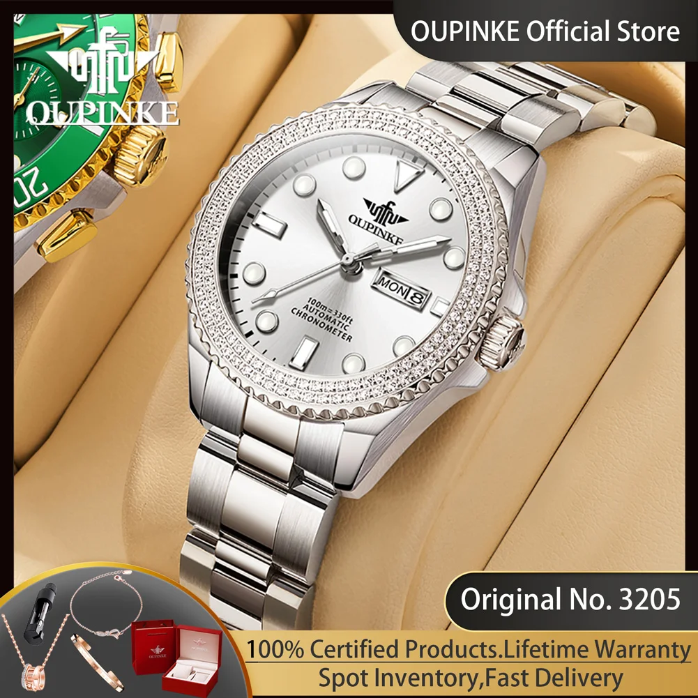 OUPINKE 3205 Women's Automatic Watches 10Bar Waterproof Diving Series Luxury Brand Original Ladies Diamond Mechanical Wristwatch