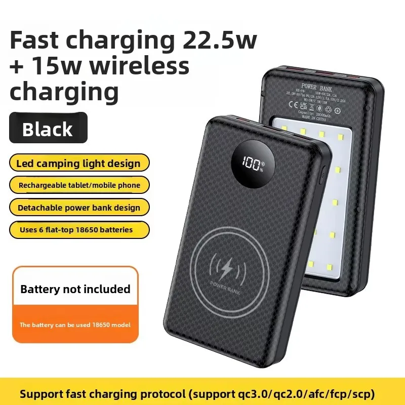 Detachable 10W 22.5W Fast Charge Power Bank Case Type-C Input 6*18650 Battery 15W Wireless Charger DIY Powerbank Box With Light