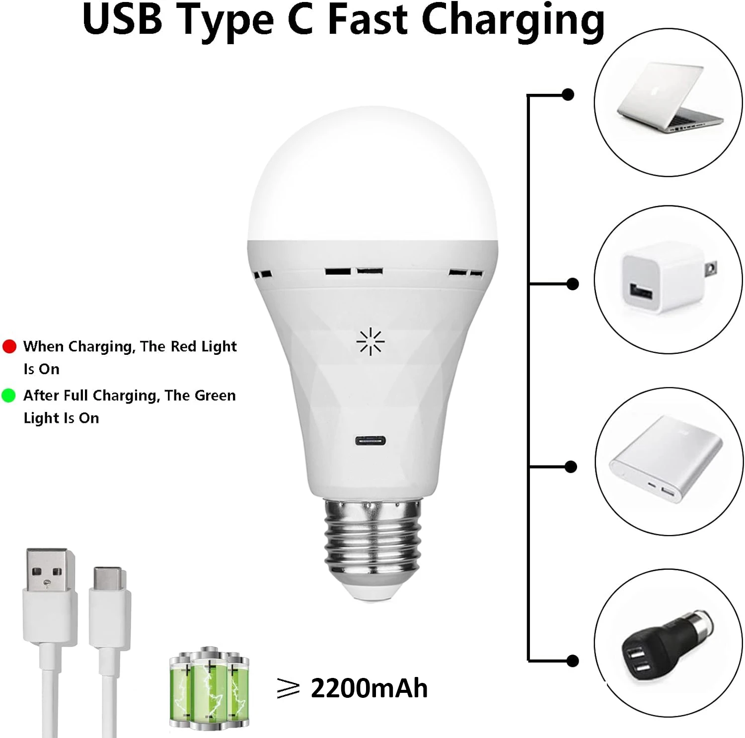 Usb Led Lamp, E27 Oplaadbare Gloeilampen, Noodverlichting Gloeilampen Warm Met Timer Dimbaar Voor Muur Draadloze Schans,(2Pake)