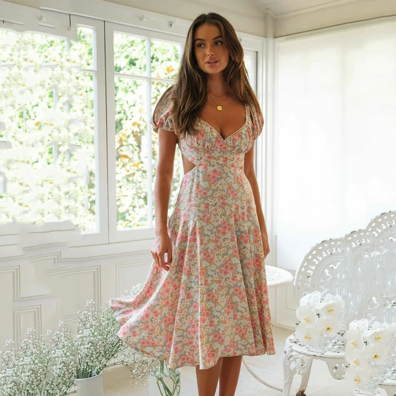 Ardm-Robe Mi-Longue Sexy à Imprimé Floral pour Femme, Coupe Trapèze Ajourée, Manches Courtes, Dos aux, Lacets, Vacances, Éducatif, Été, 2022