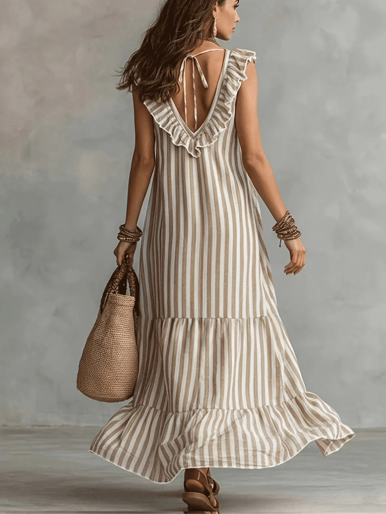 `Women Bohemian Vacation Maxi Dress,Khaki White Vertical Stripe Sleeveless V‑Neck Ruffle Dress,Back Tie‑Up Tiered Flowy Ruffle H